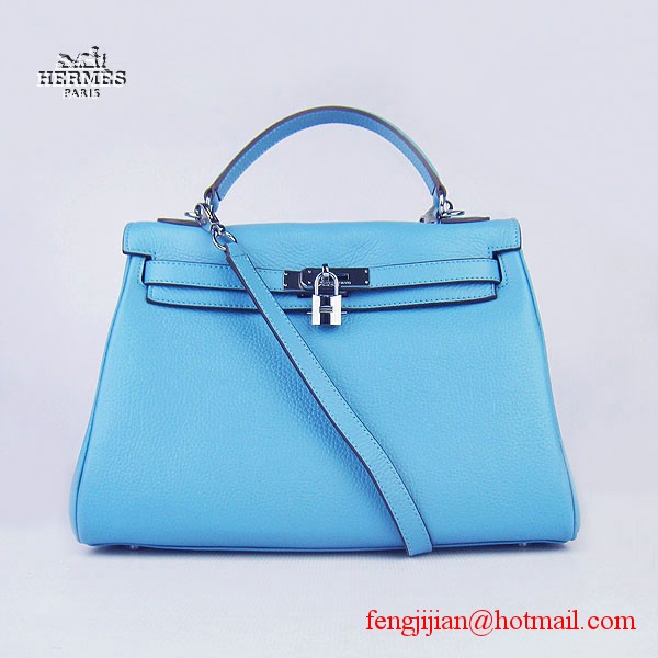 Hermes Kelly 32cm Togo Leather Bag Light Blue 6108 Silver Hardware